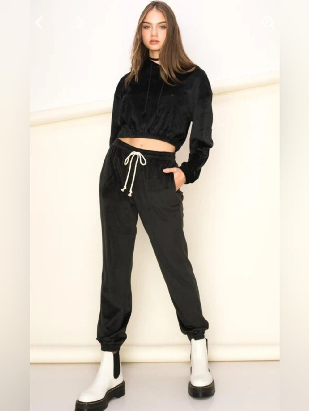 WinWin Black Velour W/ LEOPARD Joggers & Cropped Sweater W/Cream Drawstring-SET!